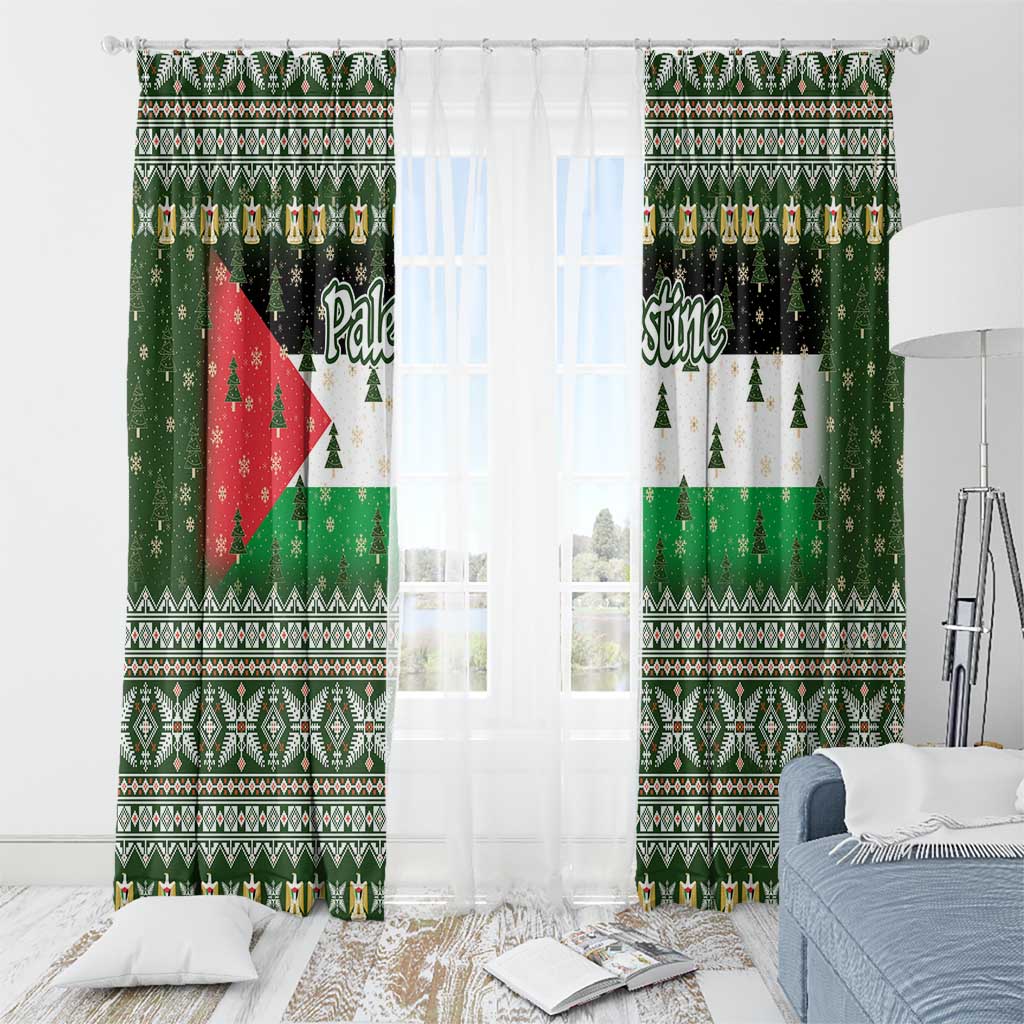 Palestine Christmas Window Curtain with Green-White Theme, Tree Ornaments, and Nativity Scene Motif - Wonder Print Shop