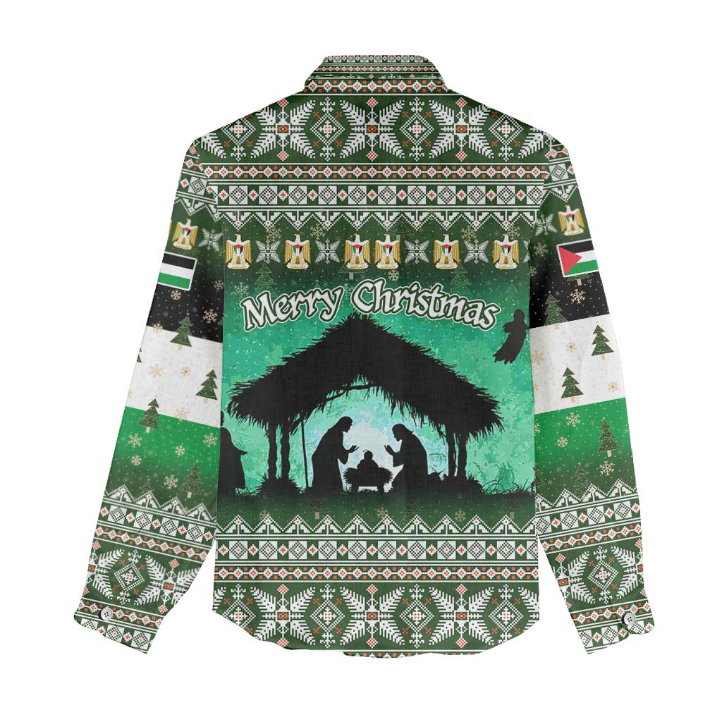 Palestine Christmas Women Casual Shirt with Green-White Theme, Tree Ornaments, and Nativity Scene Motif - Wonder Print Shop