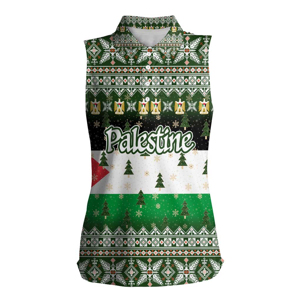 Palestine Christmas Women Sleeveless Polo Shirt with Green-White Theme, Tree Ornaments, and Nativity Scene Motif - Wonder Print Shop