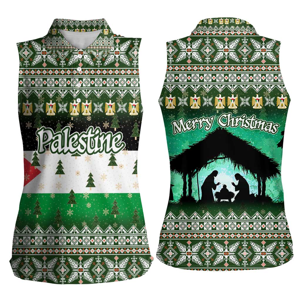 Palestine Christmas Women Sleeveless Polo Shirt with Green-White Theme, Tree Ornaments, and Nativity Scene Motif - Wonder Print Shop
