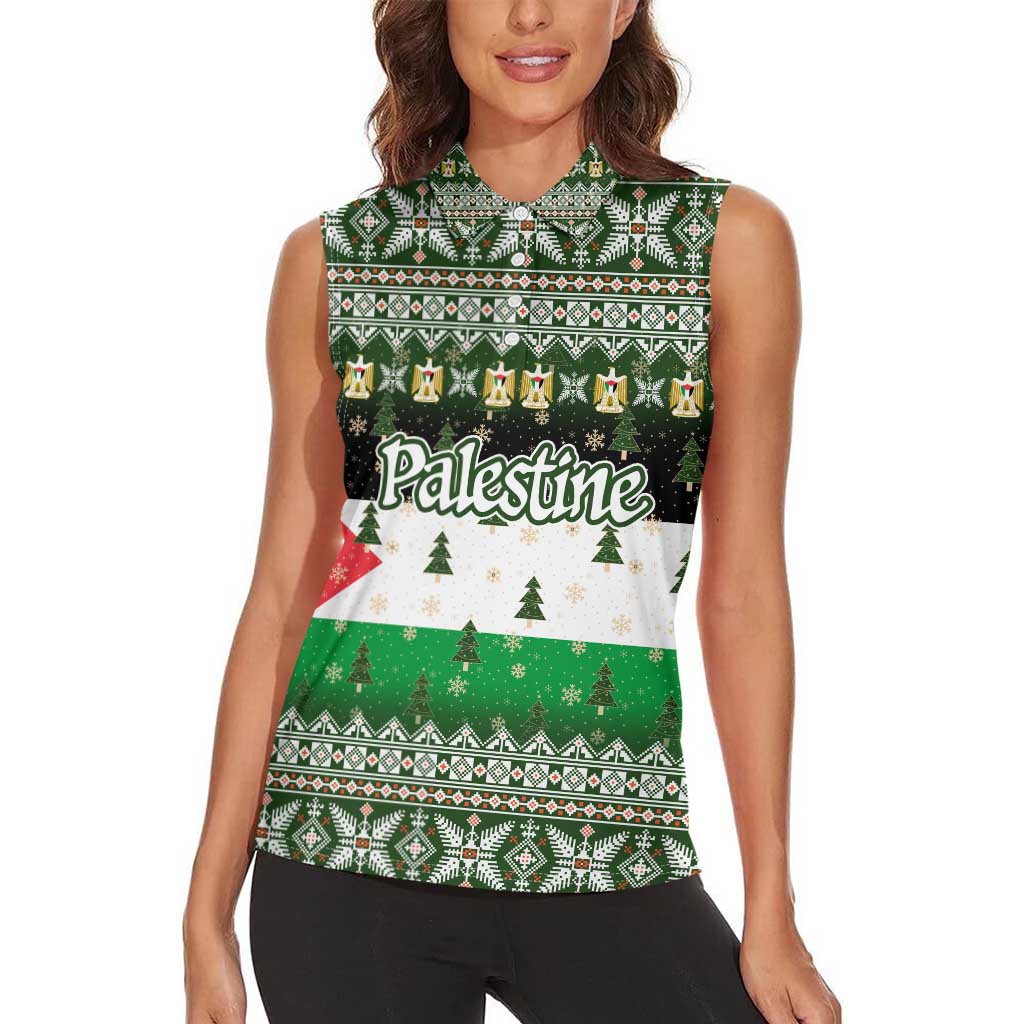 Palestine Christmas Women Sleeveless Polo Shirt with Green-White Theme, Tree Ornaments, and Nativity Scene Motif - Wonder Print Shop
