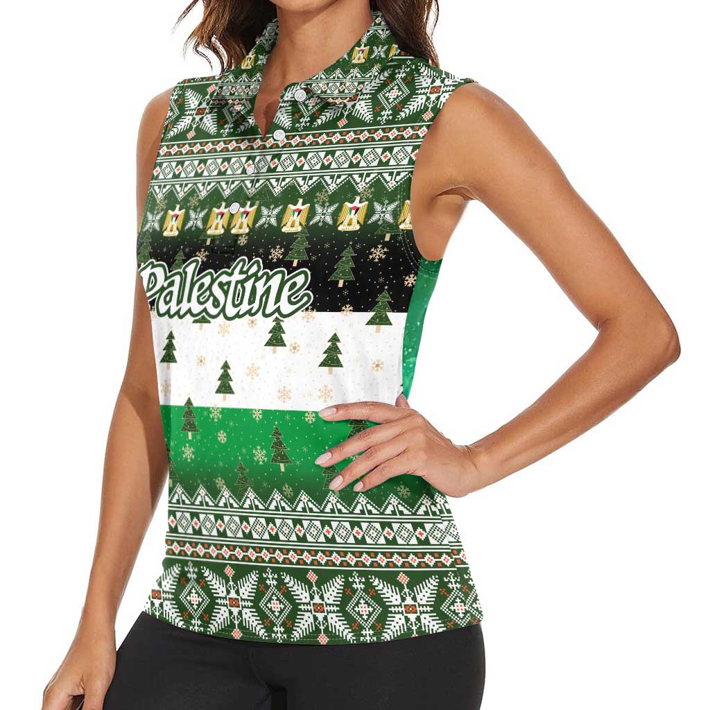 Palestine Christmas Women Sleeveless Polo Shirt with Green-White Theme, Tree Ornaments, and Nativity Scene Motif - Wonder Print Shop