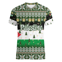 Palestine Christmas Women V-Neck T-Shirt with Green-White Theme, Tree Ornaments, and Nativity Scene Motif - Wonder Print Shop