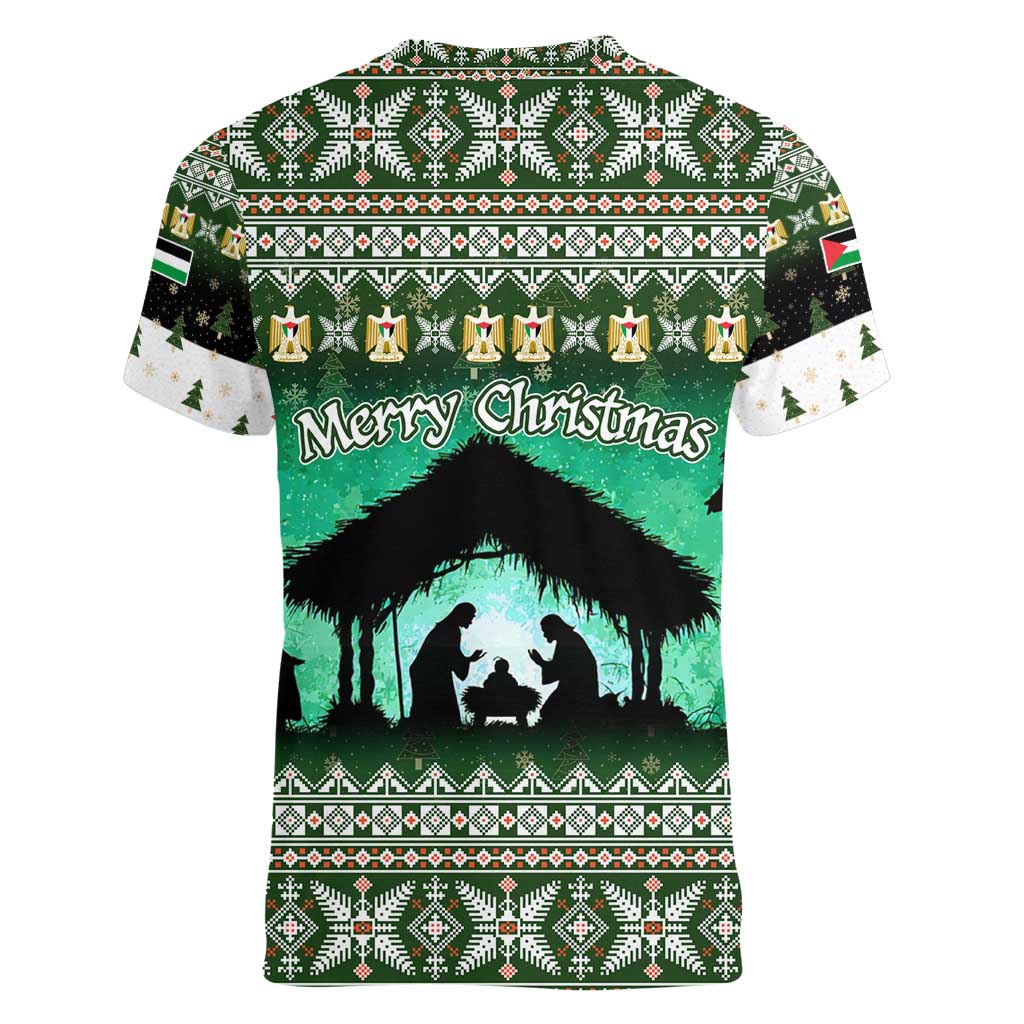 Palestine Christmas Women V-Neck T-Shirt with Green-White Theme, Tree Ornaments, and Nativity Scene Motif - Wonder Print Shop