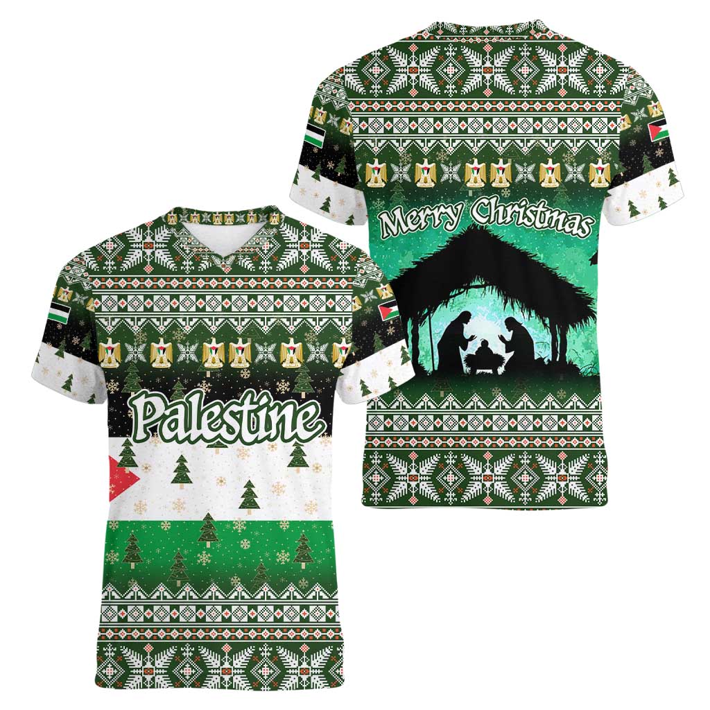 Palestine Christmas Women V-Neck T-Shirt with Green-White Theme, Tree Ornaments, and Nativity Scene Motif - Wonder Print Shop