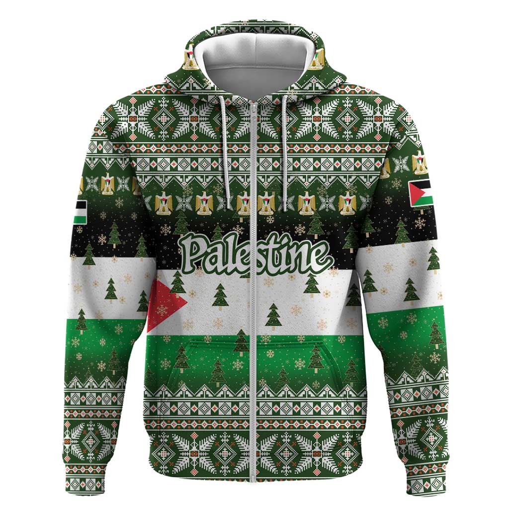 Palestine Christmas Zip Hoodie with Green-White Theme, Tree Ornaments, and Nativity Scene Motif - Wonder Print Shop