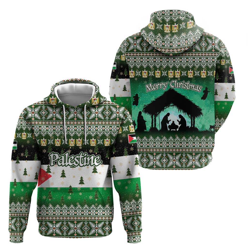 Palestine Christmas Zip Hoodie with Green-White Theme, Tree Ornaments, and Nativity Scene Motif - Wonder Print Shop