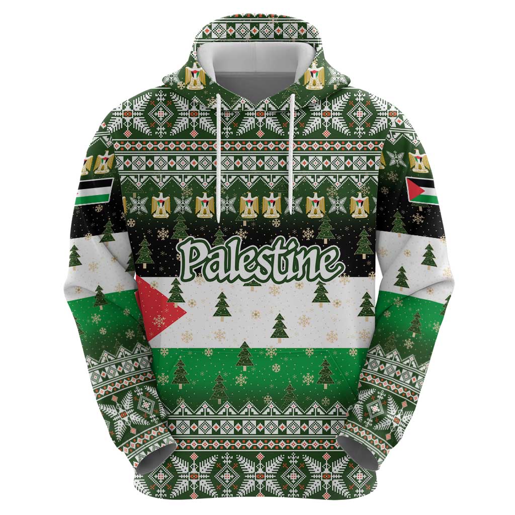 Palestine Christmas Zip Hoodie with Green-White Theme, Tree Ornaments, and Nativity Scene Motif - Wonder Print Shop