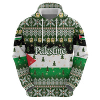 Palestine Christmas Zip Hoodie with Green-White Theme, Tree Ornaments, and Nativity Scene Motif - Wonder Print Shop
