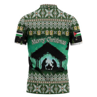 Palestine Christmas Zipper Polo Shirt with Green-White Theme, Tree Ornaments, and Nativity Scene Motif - Wonder Print Shop