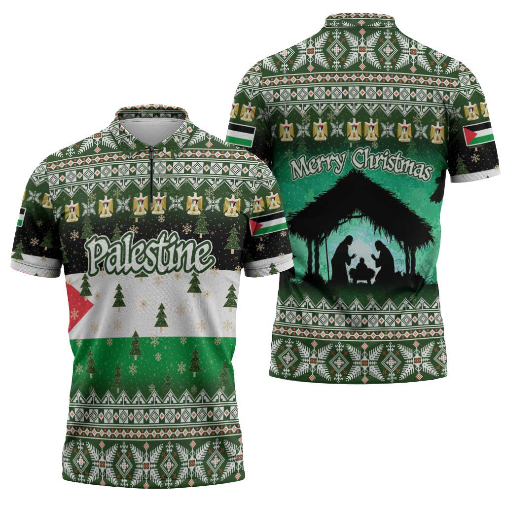 Palestine Christmas Zipper Polo Shirt with Green-White Theme, Tree Ornaments, and Nativity Scene Motif - Wonder Print Shop