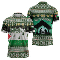 Palestine Christmas Zipper Polo Shirt with Green-White Theme, Tree Ornaments, and Nativity Scene Motif - Wonder Print Shop