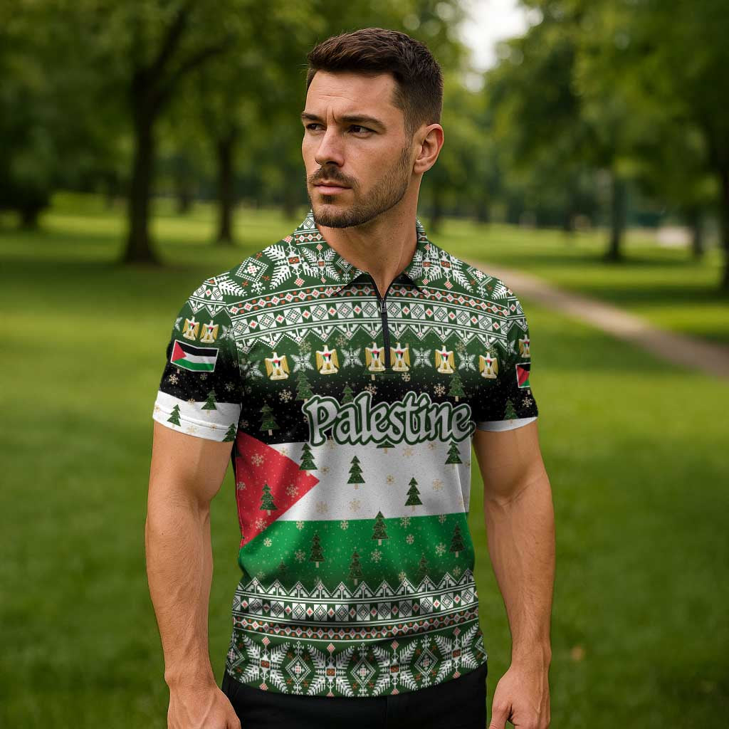 Palestine Christmas Zipper Polo Shirt with Green-White Theme, Tree Ornaments, and Nativity Scene Motif - Wonder Print Shop