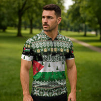 Palestine Christmas Zipper Polo Shirt with Green-White Theme, Tree Ornaments, and Nativity Scene Motif - Wonder Print Shop