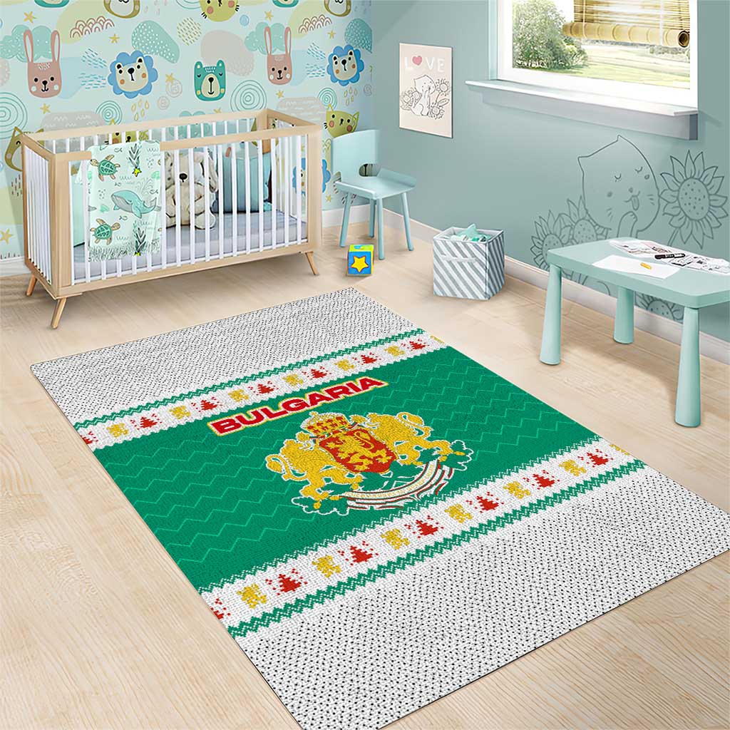 Bulgaria Christmas Area Rug with Green-White Theme, Coat of Arms, and National Flag Motif - Wonder Print Shop
