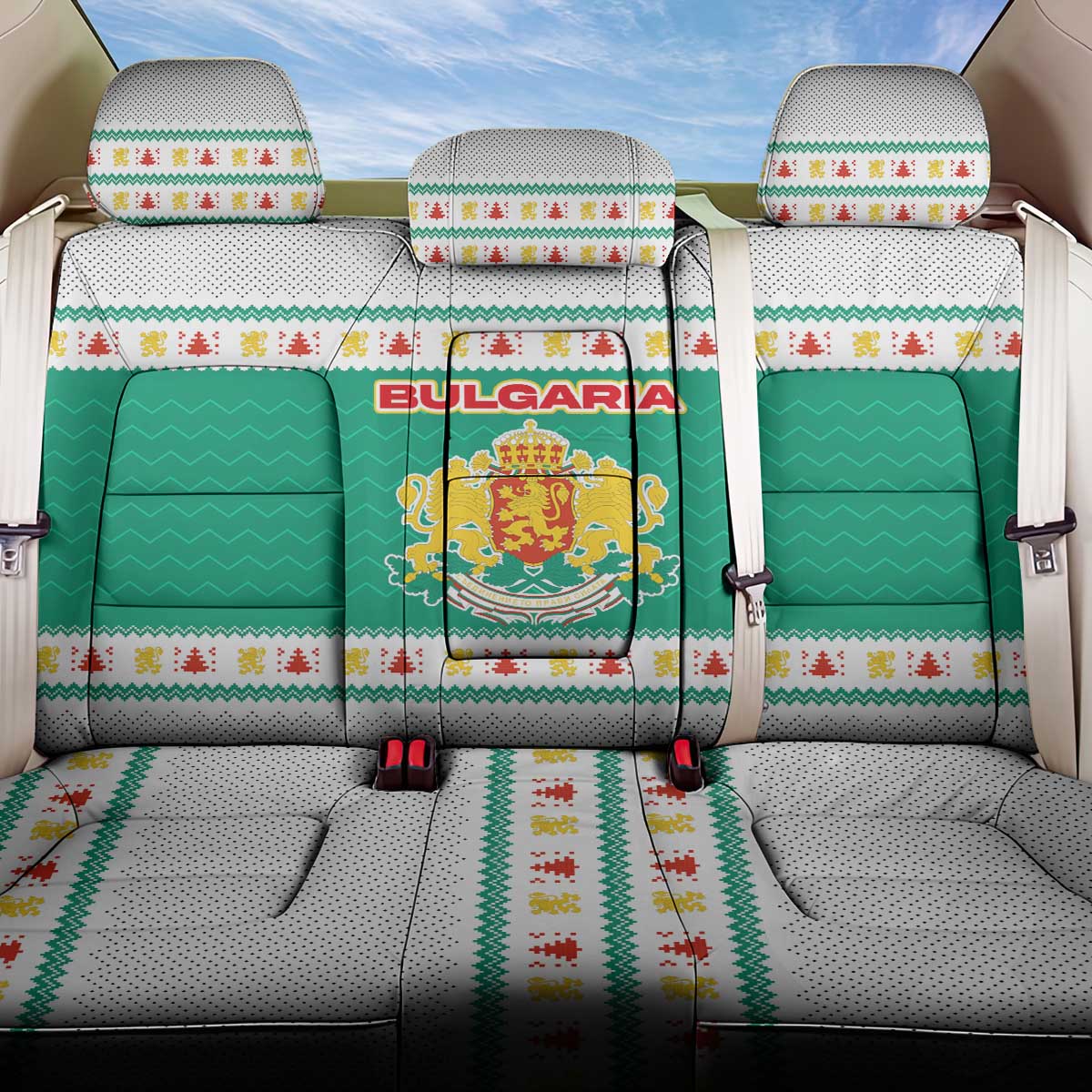 Bulgaria Christmas Back Car Seat Cover with Green-White Theme, Coat of Arms, and National Flag Motif - Wonder Print Shop