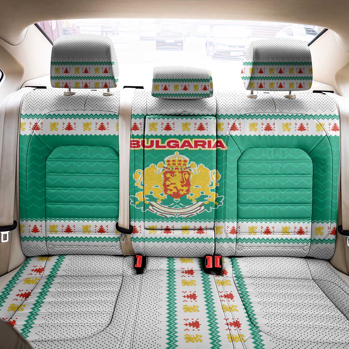 Bulgaria Christmas Back Car Seat Cover with Green-White Theme, Coat of Arms, and National Flag Motif - Wonder Print Shop