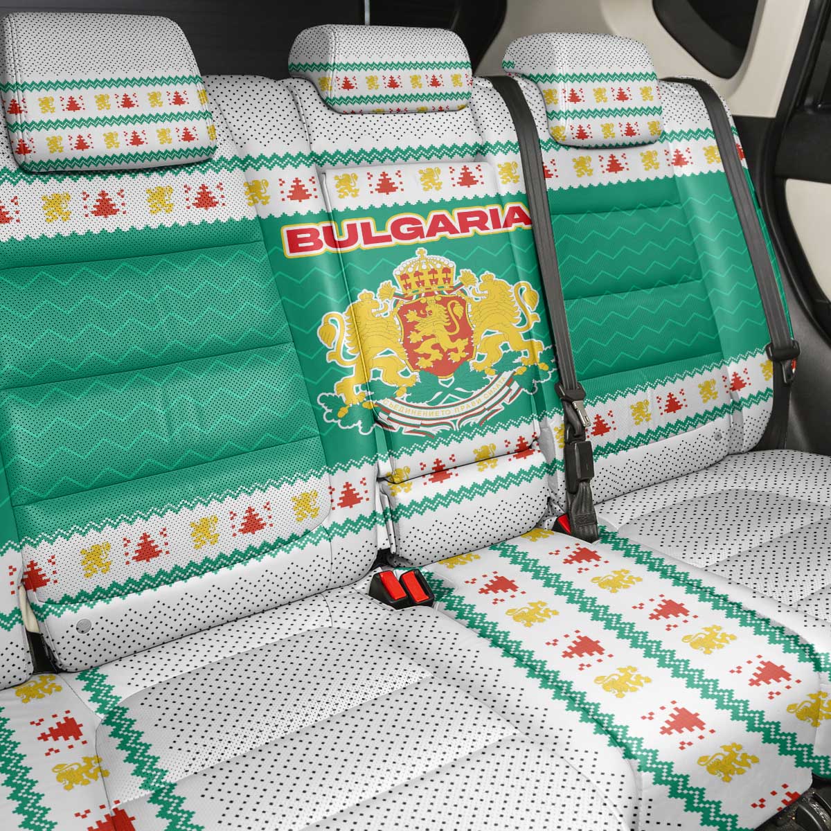 Bulgaria Christmas Back Car Seat Cover with Green-White Theme, Coat of Arms, and National Flag Motif - Wonder Print Shop