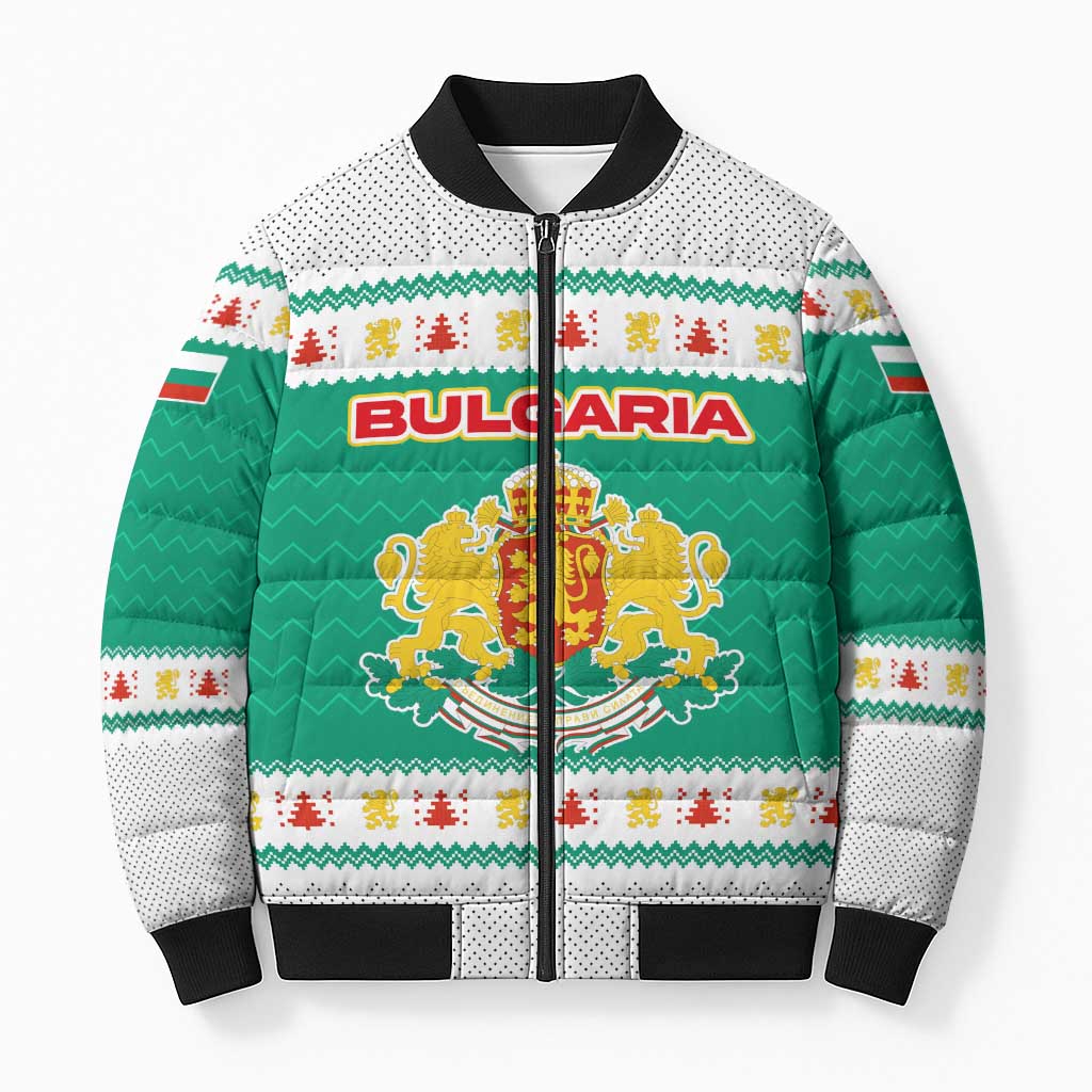 Bulgaria Christmas Bomber Puffer Jacket with Green-White Theme, Coat of Arms, and National Flag Motif - Wonder Print Shop
