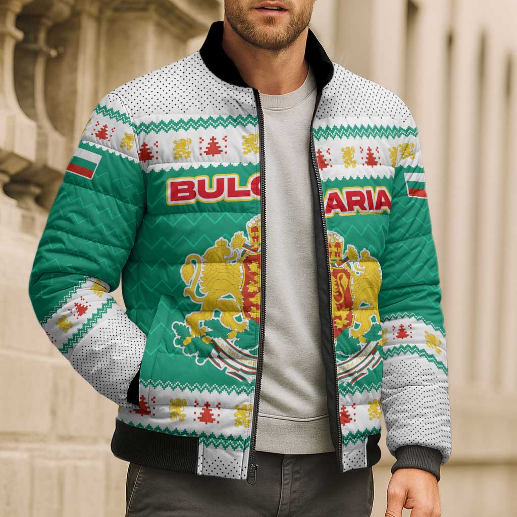Bulgaria Christmas Bomber Puffer Jacket with Green-White Theme, Coat of Arms, and National Flag Motif - Wonder Print Shop