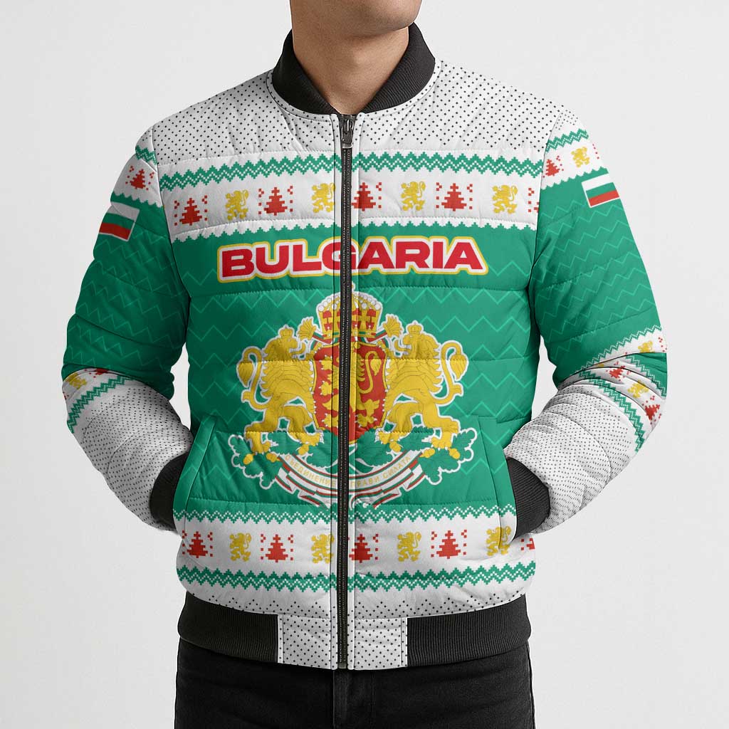 Bulgaria Christmas Bomber Puffer Jacket with Green-White Theme, Coat of Arms, and National Flag Motif - Wonder Print Shop