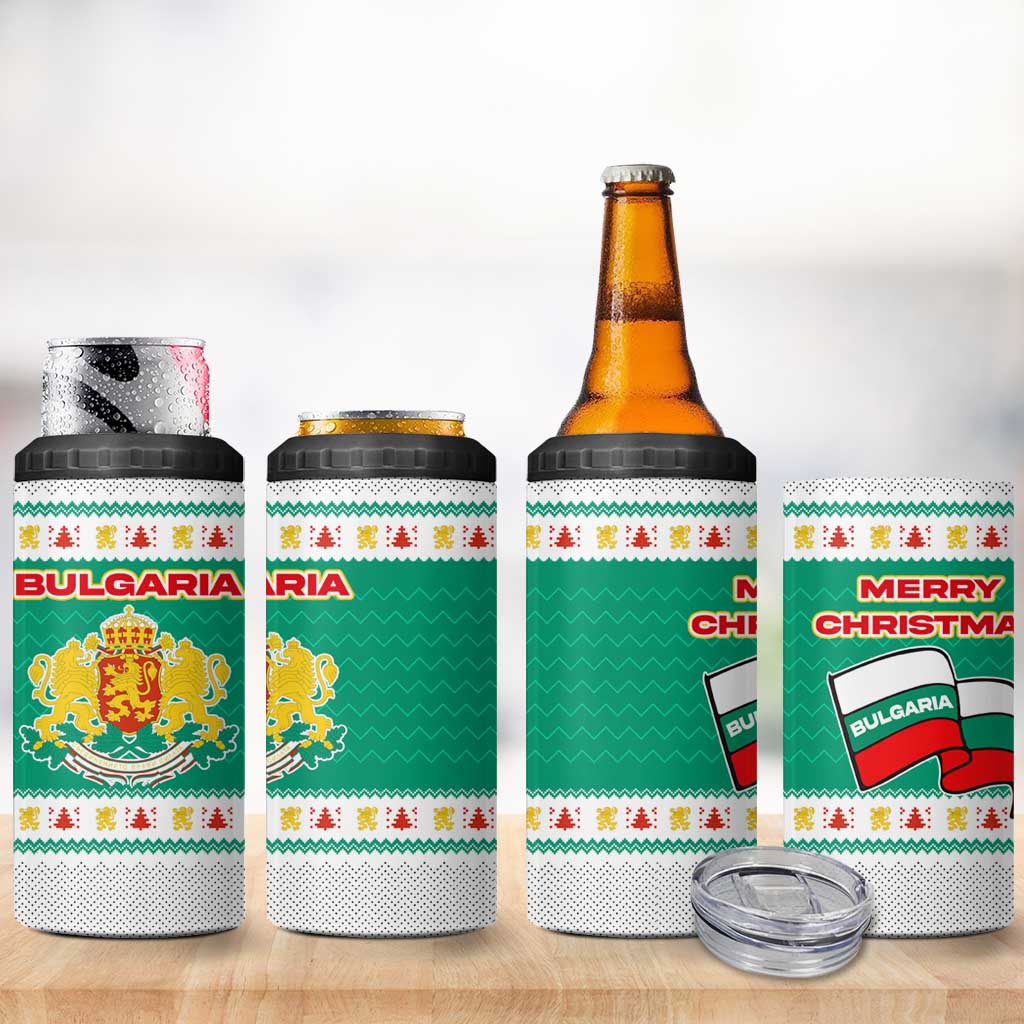 Bulgaria Christmas 4 in 1 Can Cooler Tumbler with Green-White Theme, Coat of Arms, and National Flag Motif - Wonder Print Shop