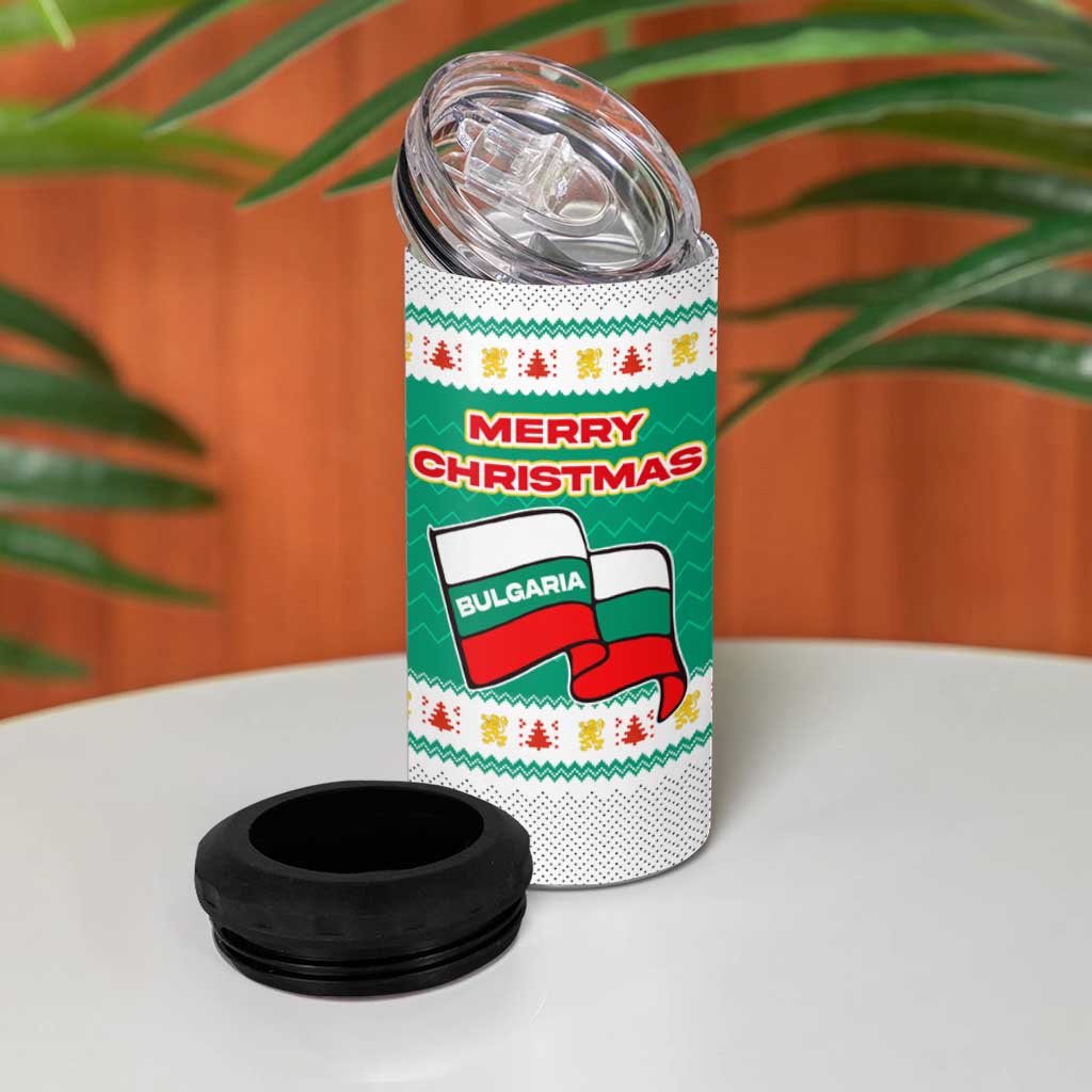 Bulgaria Christmas 4 in 1 Can Cooler Tumbler with Green-White Theme, Coat of Arms, and National Flag Motif - Wonder Print Shop
