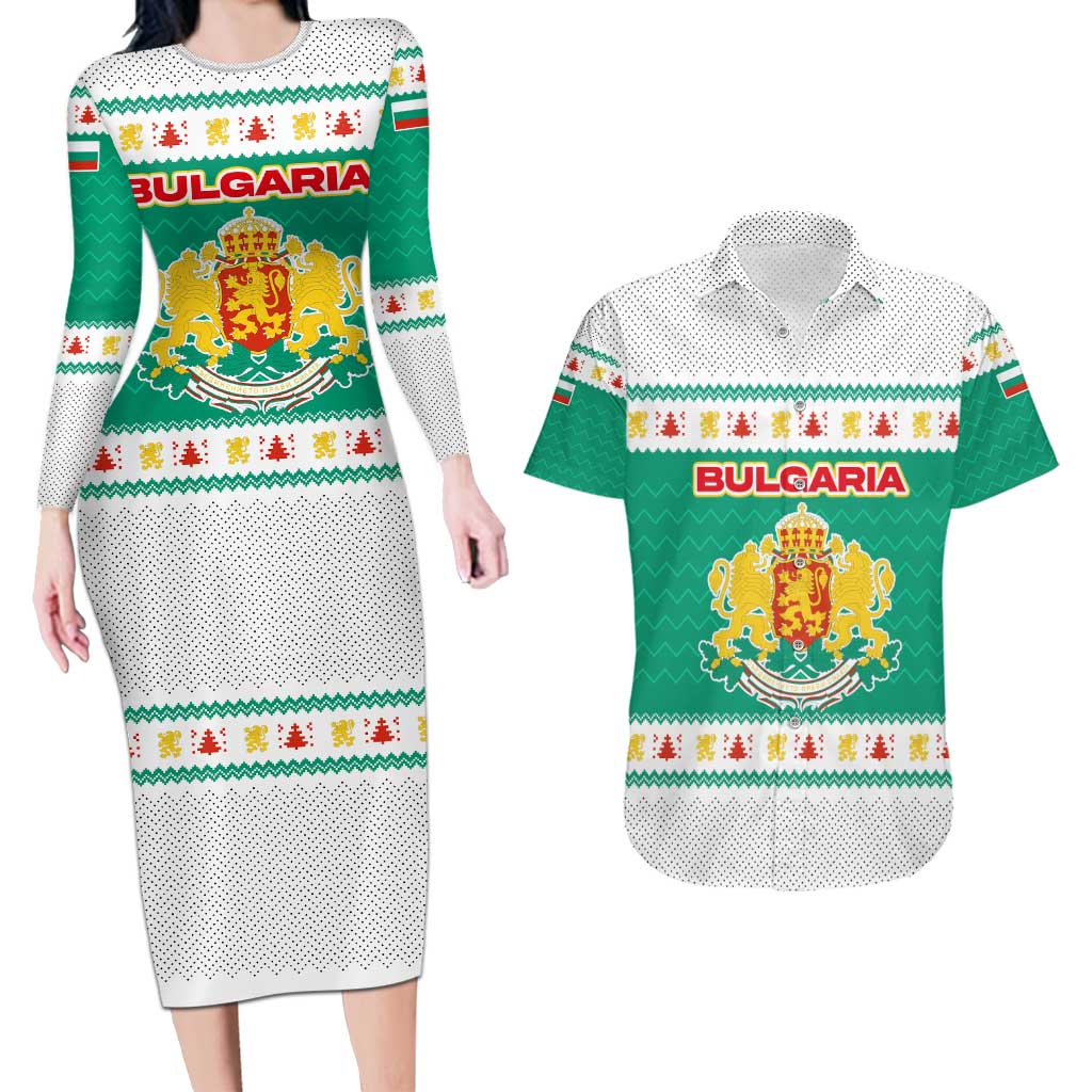 Bulgaria Christmas Couples Matching Long Sleeve Bodycon Dress and Hawaiian Shirt with Green-White Theme, Coat of Arms, and National Flag Motif - Wonder Print Shop
