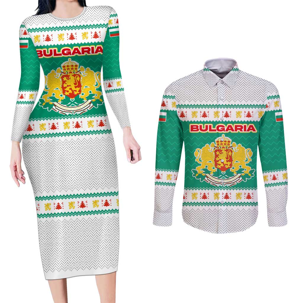 Bulgaria Christmas Couples Matching Long Sleeve Bodycon Dress and Long Sleeve Button Shirt with Green-White Theme, Coat of Arms, and National Flag Motif - Wonder Print Shop