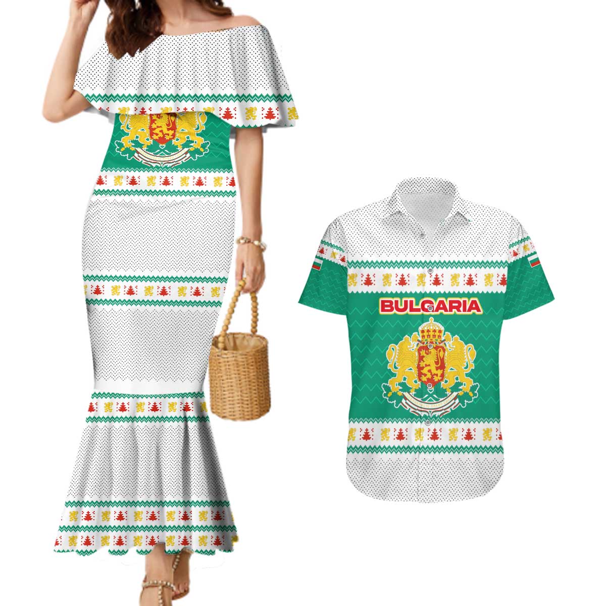 Bulgaria Christmas Couples Matching Mermaid Dress and Hawaiian Shirt with Green-White Theme, Coat of Arms, and National Flag Motif - Wonder Print Shop