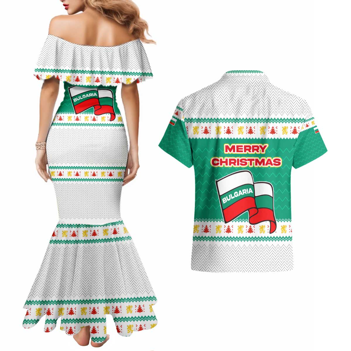 Bulgaria Christmas Couples Matching Mermaid Dress and Hawaiian Shirt with Green-White Theme, Coat of Arms, and National Flag Motif - Wonder Print Shop