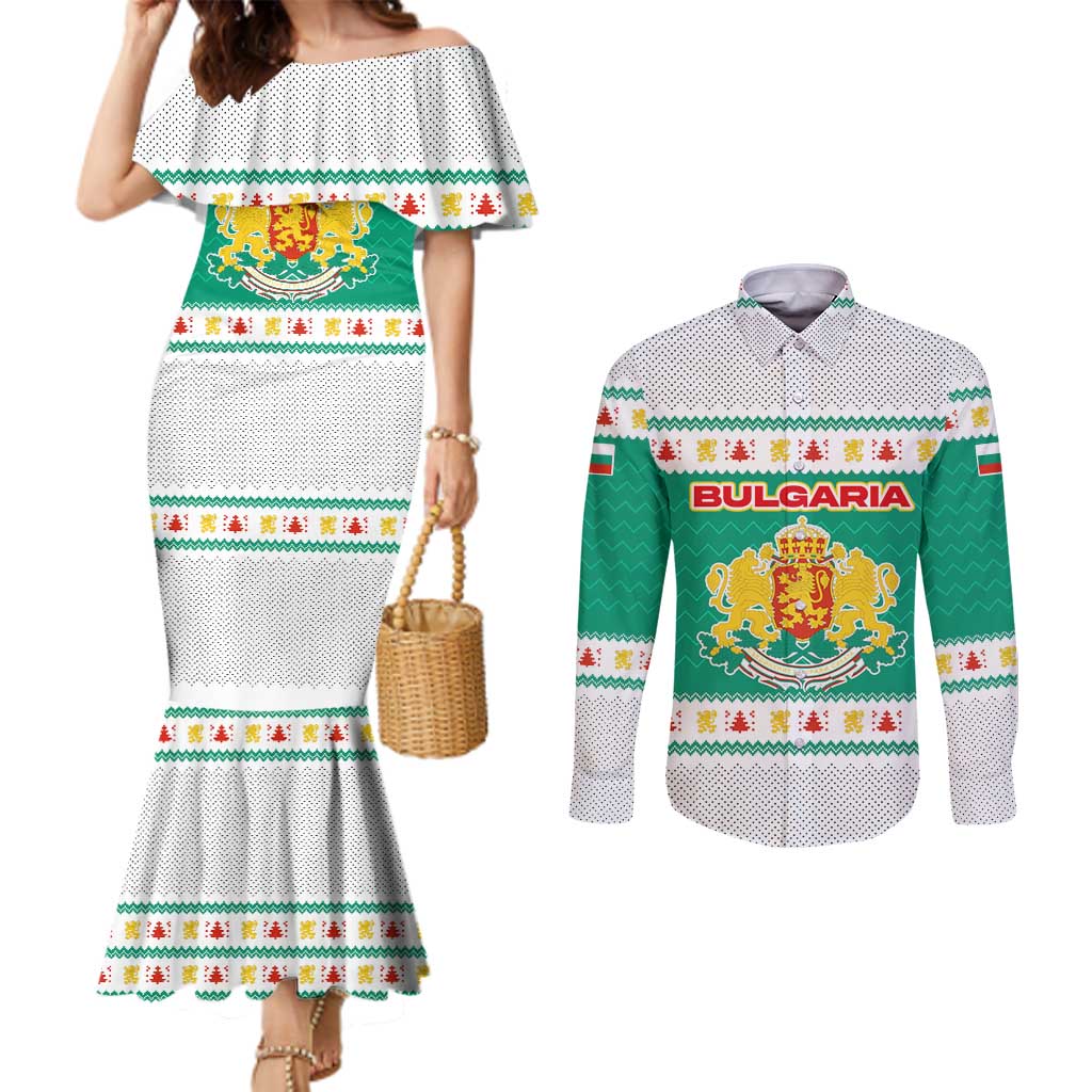 Bulgaria Christmas Couples Matching Mermaid Dress and Long Sleeve Button Shirt with Green-White Theme, Coat of Arms, and National Flag Motif - Wonder Print Shop