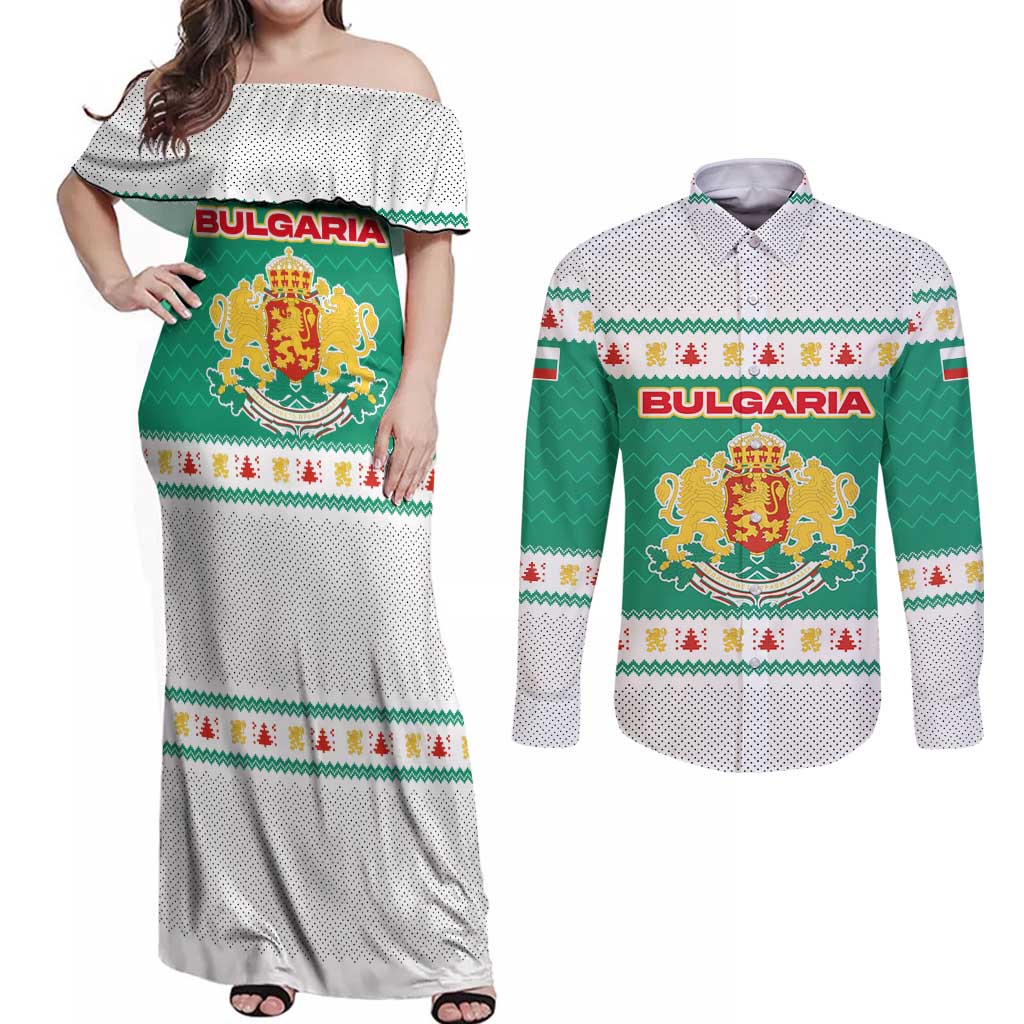 Bulgaria Christmas Couples Matching Off Shoulder Maxi Dress and Long Sleeve Button Shirt with Green-White Theme, Coat of Arms, and National Flag Motif - Wonder Print Shop