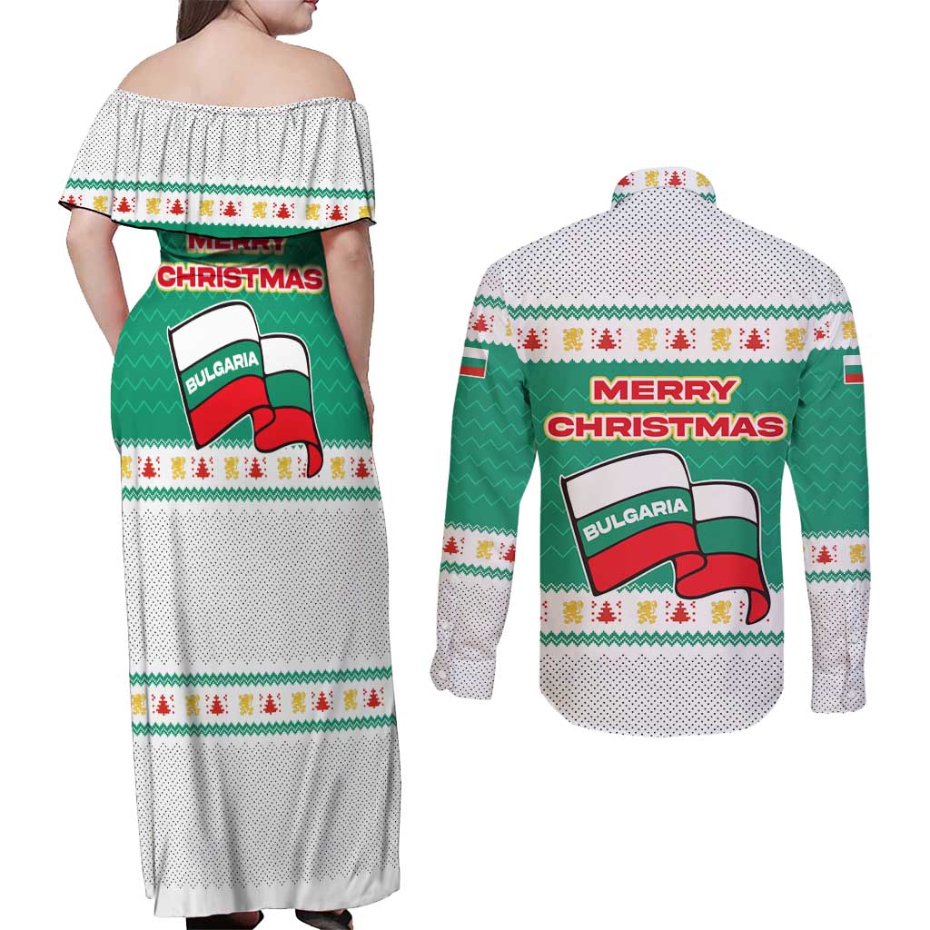 Bulgaria Christmas Couples Matching Off Shoulder Maxi Dress and Long Sleeve Button Shirt with Green-White Theme, Coat of Arms, and National Flag Motif - Wonder Print Shop
