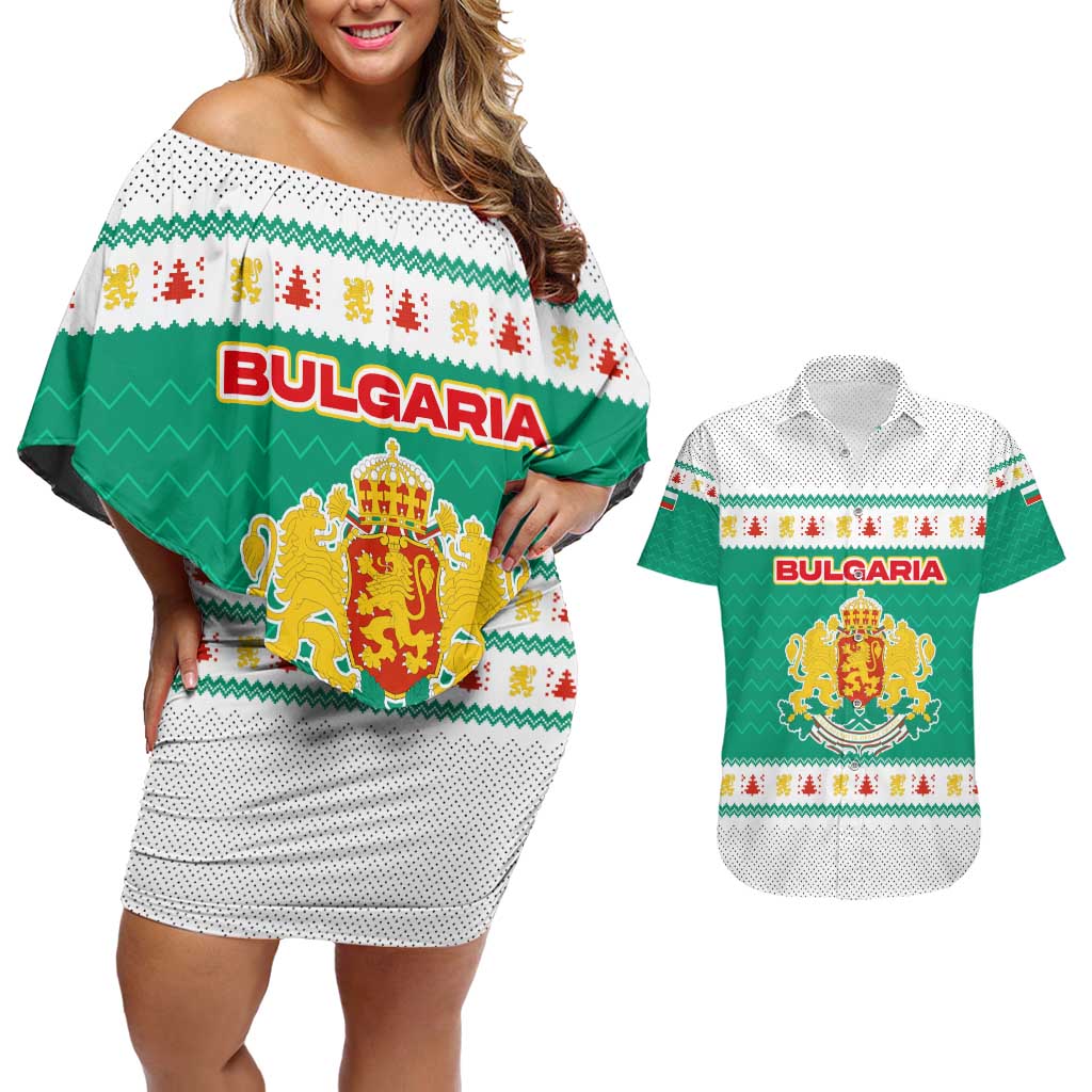 Bulgaria Christmas Couples Matching Off Shoulder Short Dress and Hawaiian Shirt with Green-White Theme, Coat of Arms, and National Flag Motif - Wonder Print Shop