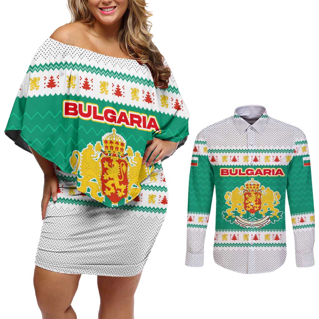 Bulgaria Christmas Couples Matching Off Shoulder Short Dress and Long Sleeve Button Shirt with Green-White Theme, Coat of Arms, and National Flag Motif - Wonder Print Shop