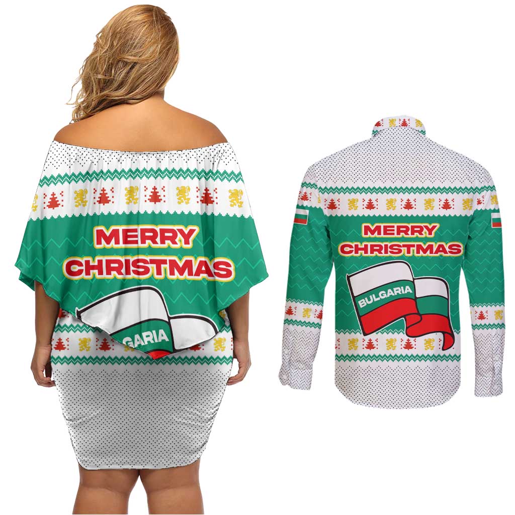 Bulgaria Christmas Couples Matching Off Shoulder Short Dress and Long Sleeve Button Shirt with Green-White Theme, Coat of Arms, and National Flag Motif - Wonder Print Shop