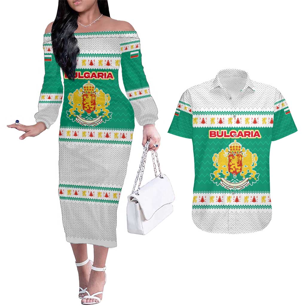 Bulgaria Christmas Couples Matching Off The Shoulder Long Sleeve Dress and Hawaiian Shirt with Green-White Theme, Coat of Arms, and National Flag Motif - Wonder Print Shop