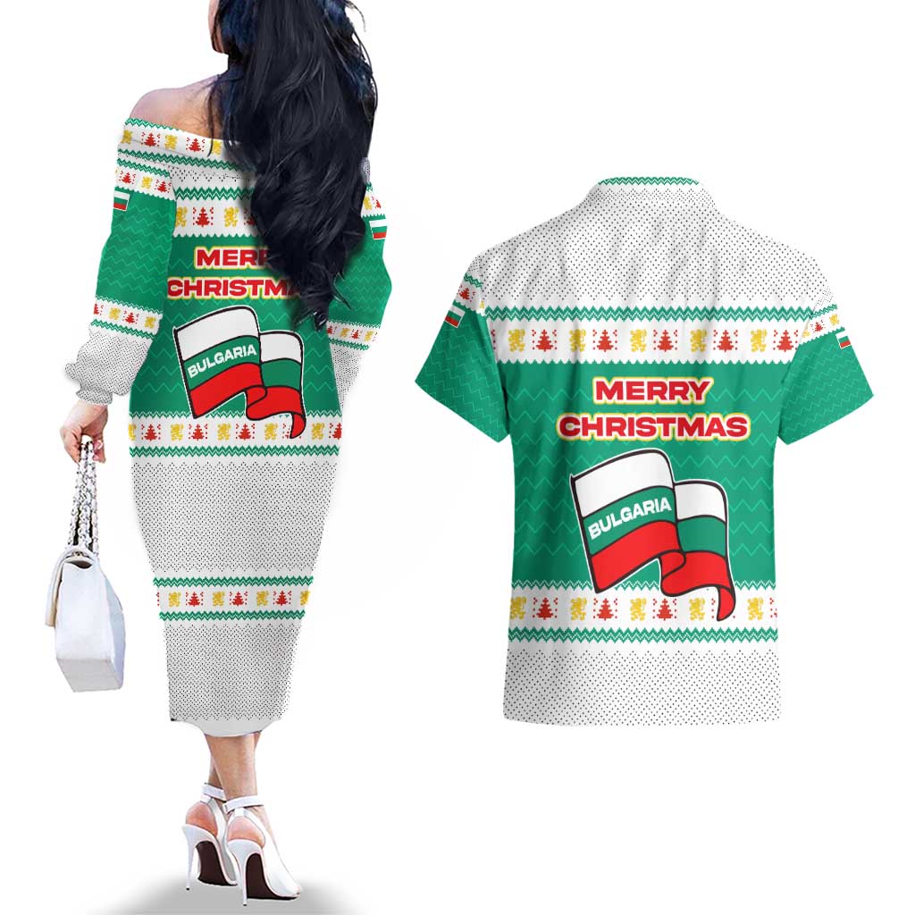 Bulgaria Christmas Couples Matching Off The Shoulder Long Sleeve Dress and Hawaiian Shirt with Green-White Theme, Coat of Arms, and National Flag Motif - Wonder Print Shop