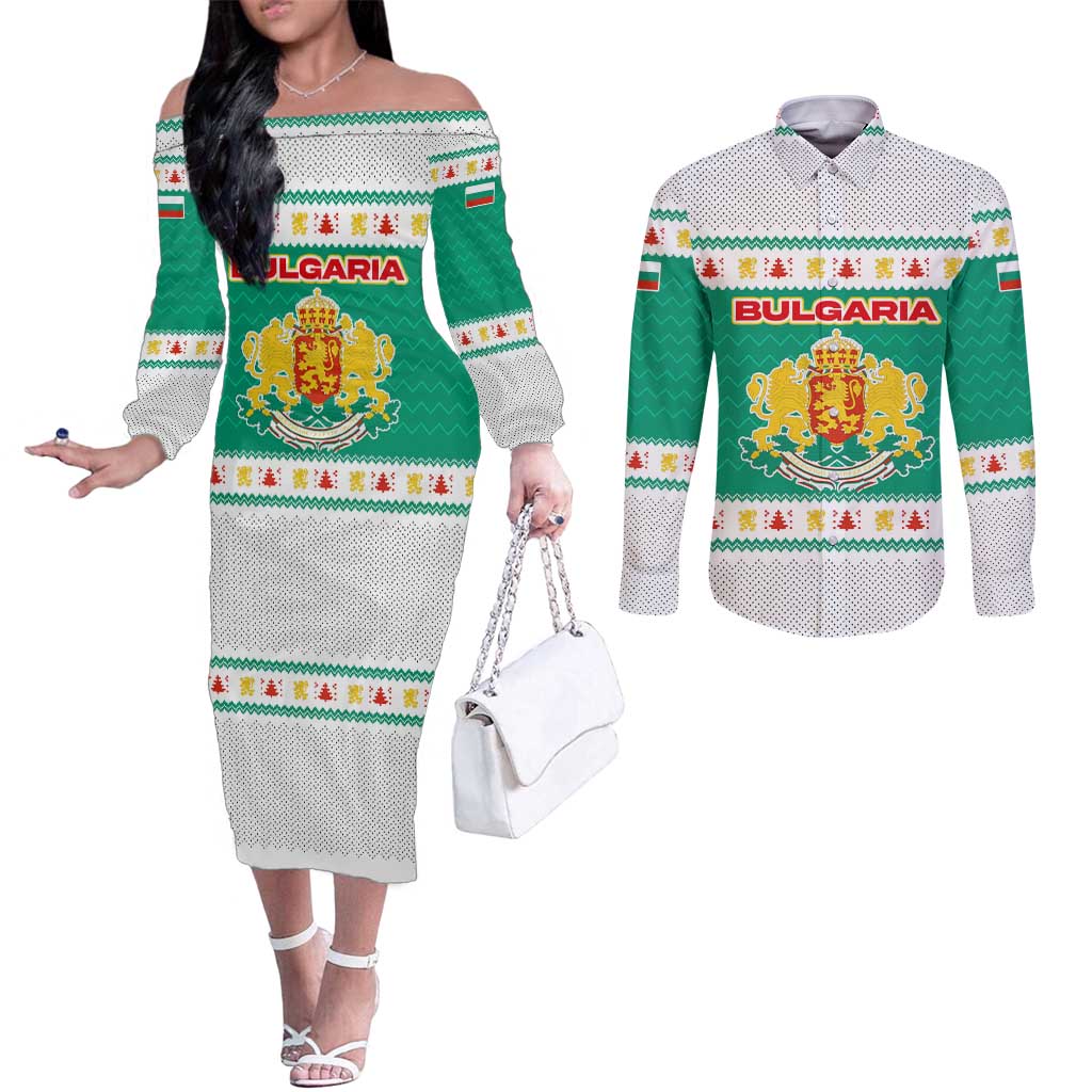 Bulgaria Christmas Couples Matching Off The Shoulder Long Sleeve Dress and Long Sleeve Button Shirt with Green-White Theme, Coat of Arms, and National Flag Motif - Wonder Print Shop
