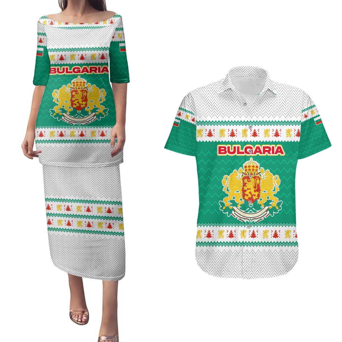 Bulgaria Christmas Couples Matching Puletasi and Hawaiian Shirt with Green-White Theme, Coat of Arms, and National Flag Motif - Wonder Print Shop