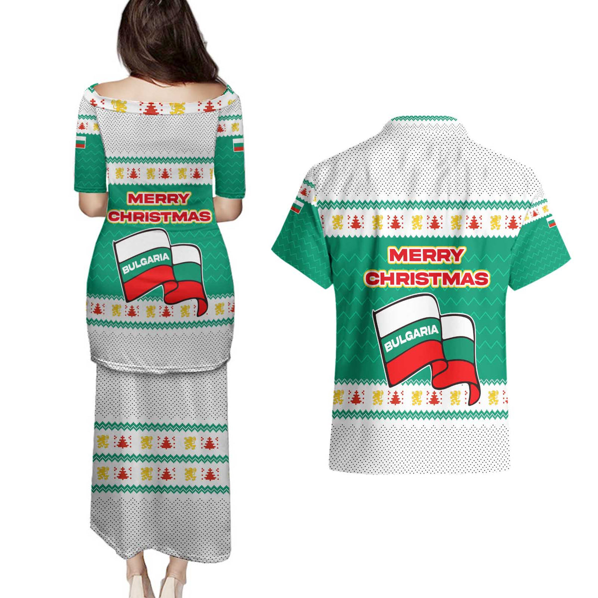 Bulgaria Christmas Couples Matching Puletasi and Hawaiian Shirt with Green-White Theme, Coat of Arms, and National Flag Motif - Wonder Print Shop