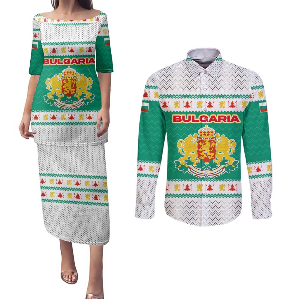 Bulgaria Christmas Couples Matching Puletasi and Long Sleeve Button Shirt with Green-White Theme, Coat of Arms, and National Flag Motif - Wonder Print Shop