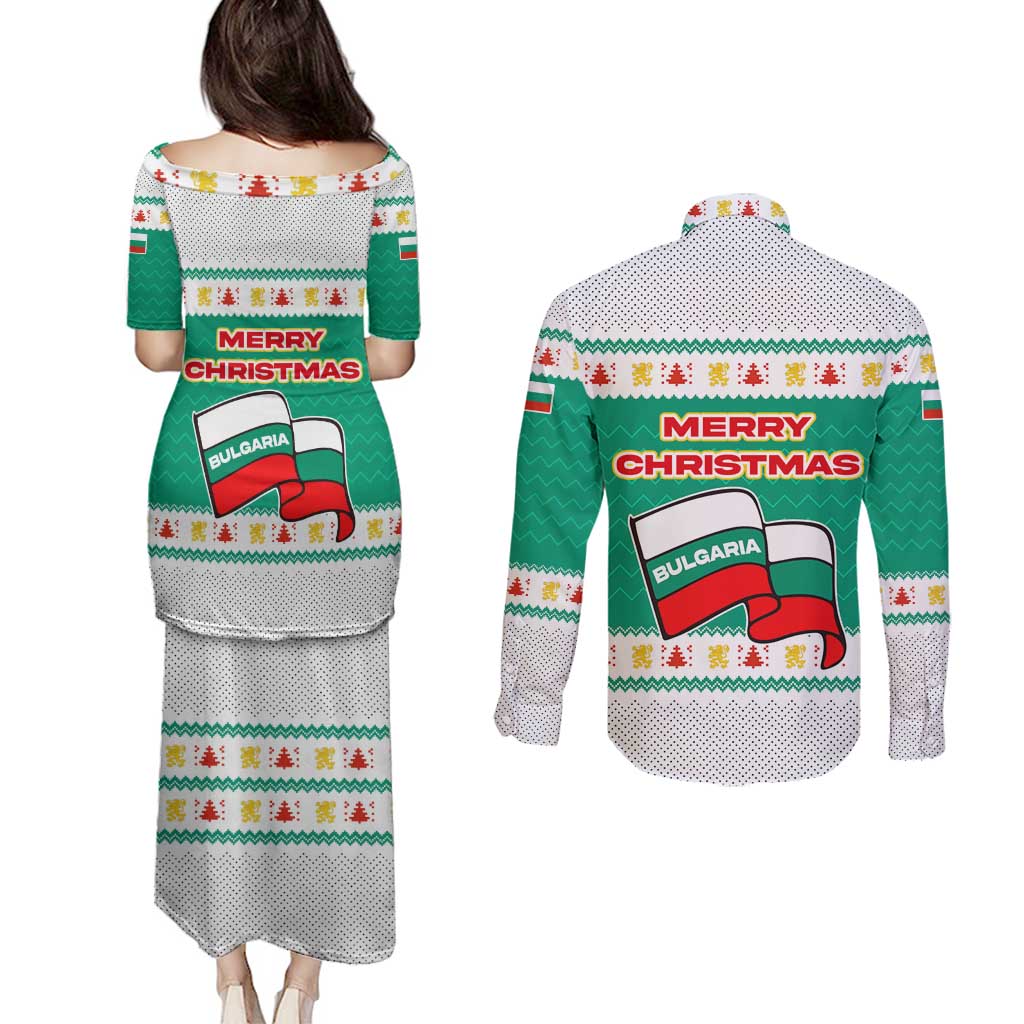 Bulgaria Christmas Couples Matching Puletasi and Long Sleeve Button Shirt with Green-White Theme, Coat of Arms, and National Flag Motif - Wonder Print Shop