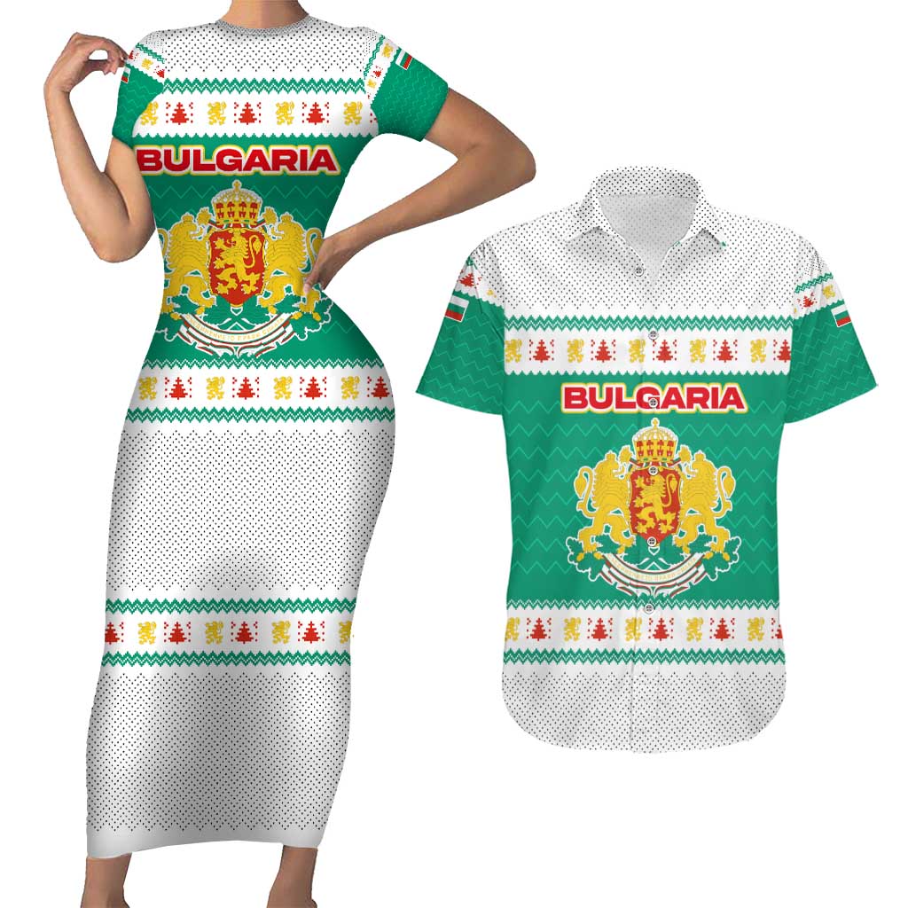 Bulgaria Christmas Couples Matching Short Sleeve Bodycon Dress and Hawaiian Shirt with Green-White Theme, Coat of Arms, and National Flag Motif - Wonder Print Shop
