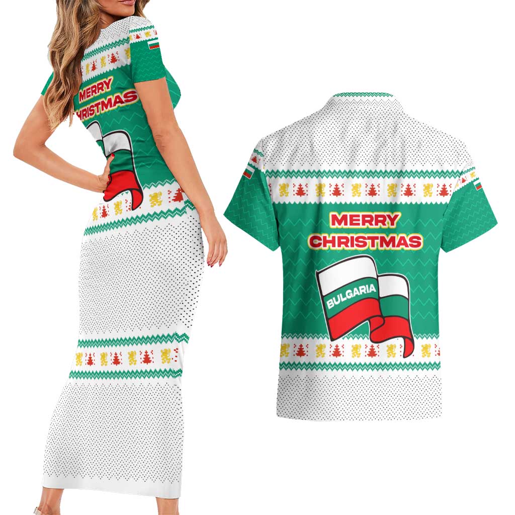 Bulgaria Christmas Couples Matching Short Sleeve Bodycon Dress and Hawaiian Shirt with Green-White Theme, Coat of Arms, and National Flag Motif - Wonder Print Shop