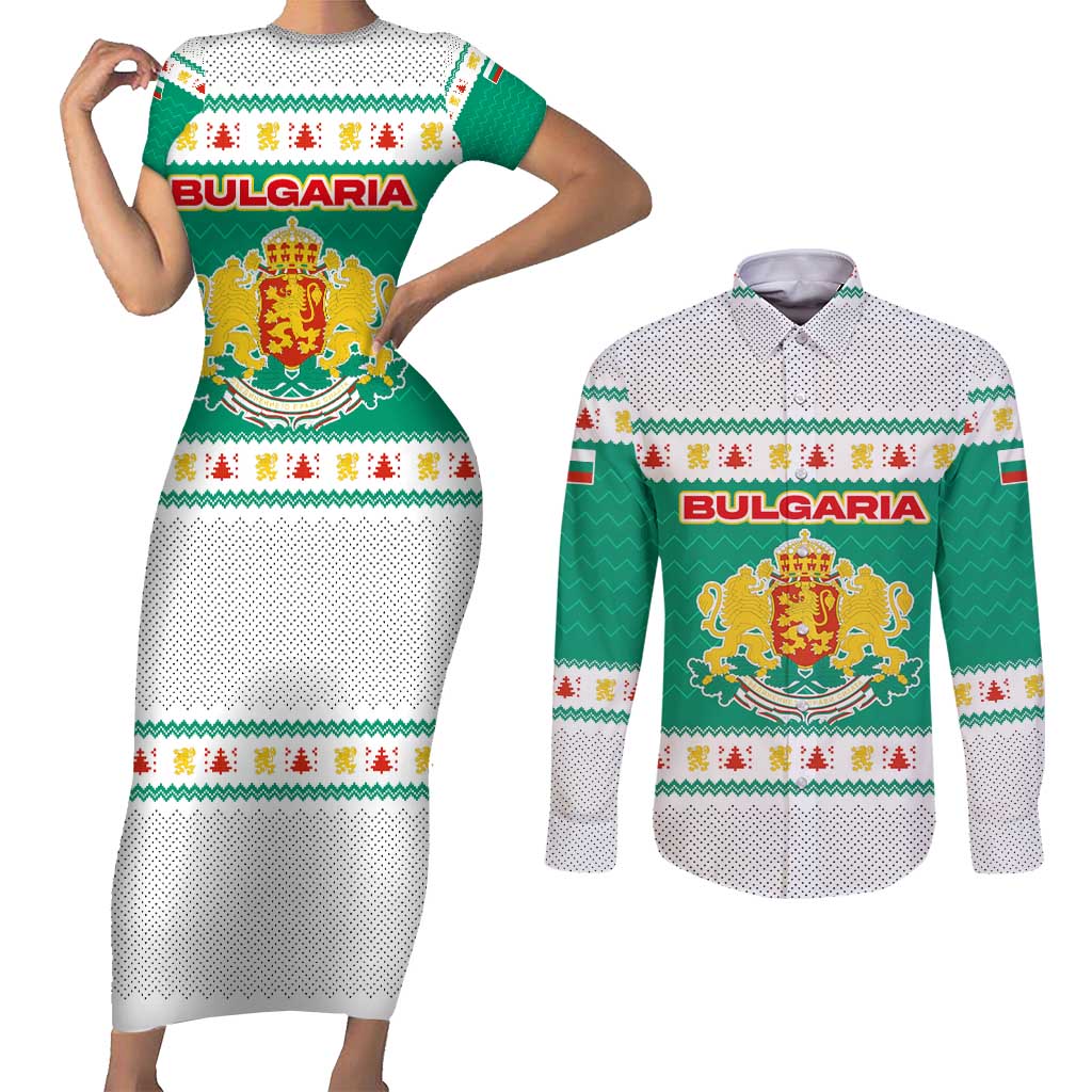 Bulgaria Christmas Couples Matching Short Sleeve Bodycon Dress and Long Sleeve Button Shirt with Green-White Theme, Coat of Arms, and National Flag Motif - Wonder Print Shop