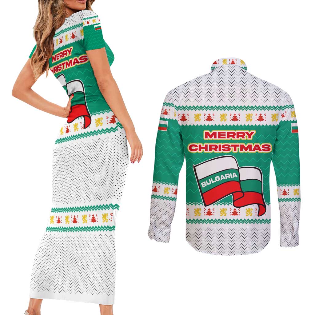 Bulgaria Christmas Couples Matching Short Sleeve Bodycon Dress and Long Sleeve Button Shirt with Green-White Theme, Coat of Arms, and National Flag Motif - Wonder Print Shop