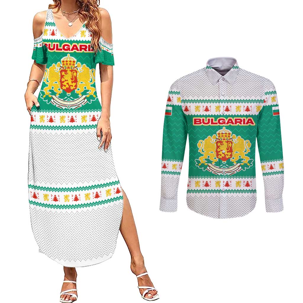 Bulgaria Christmas Couples Matching Summer Maxi Dress and Long Sleeve Button Shirt with Green-White Theme, Coat of Arms, and National Flag Motif - Wonder Print Shop