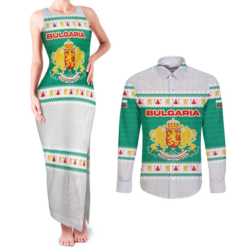 Bulgaria Christmas Couples Matching Tank Maxi Dress and Long Sleeve Button Shirt with Green-White Theme, Coat of Arms, and National Flag Motif - Wonder Print Shop